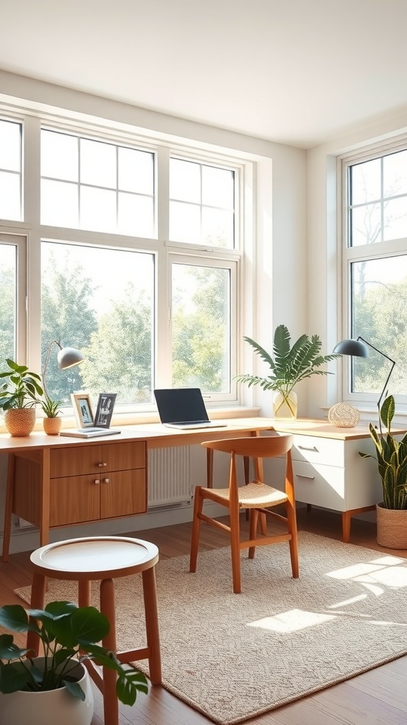 A bright home office with large windows, a wooden desk, and a comfortable chair, showcasing japandi interiors.