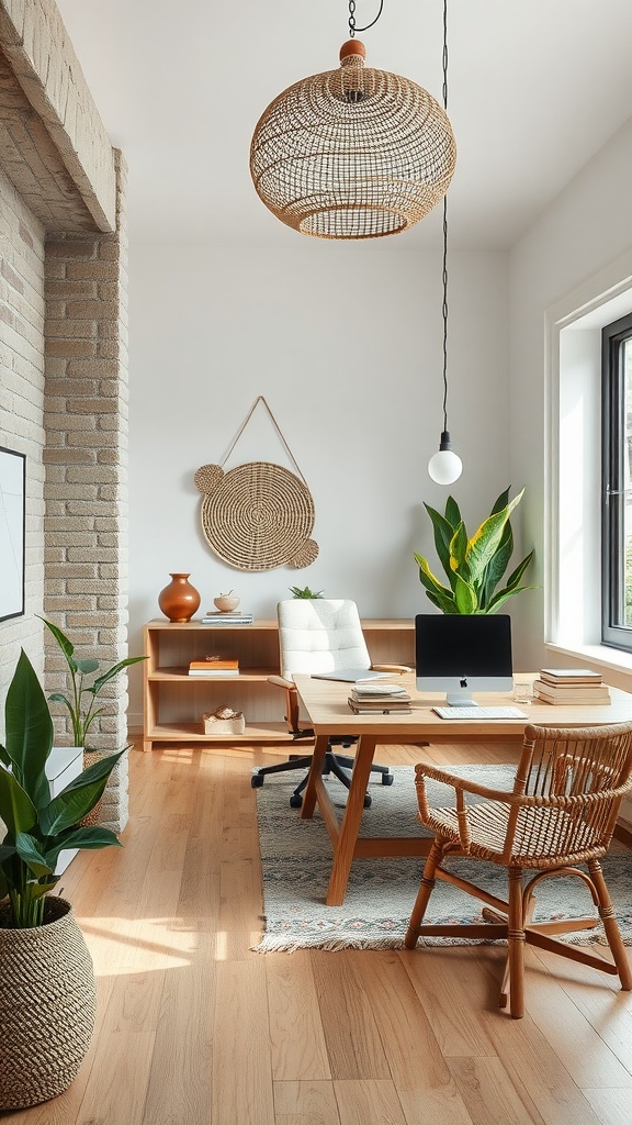 A cozy Scandinavian-inspired home office featuring natural materials, plants, and wooden furniture.