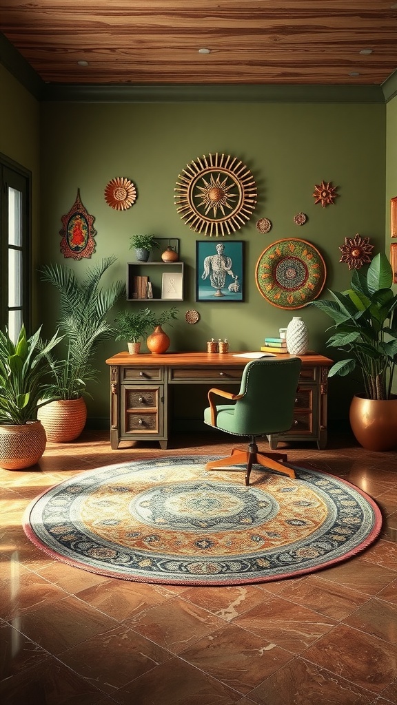 A cozy boho room with olive green walls, wooden ceiling, plants, and colorful decor.