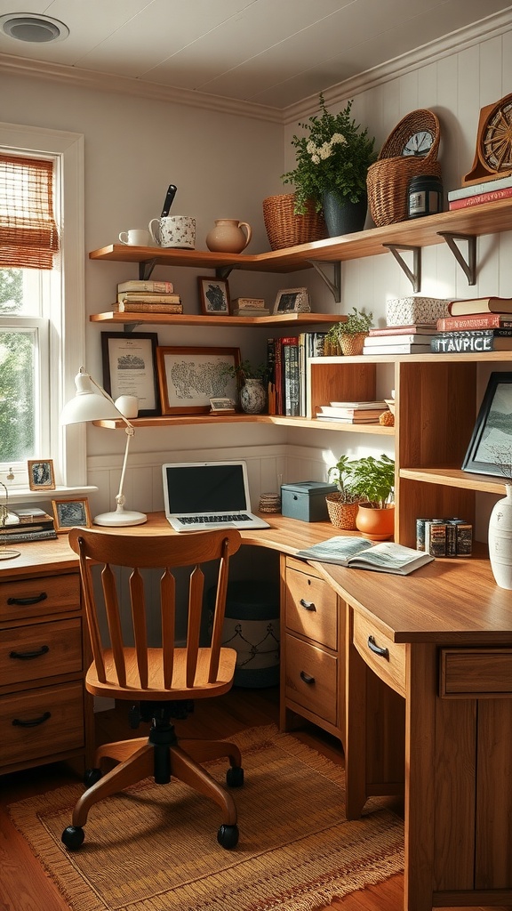 Cozy home office with natural wood finishes and English cottage style decor