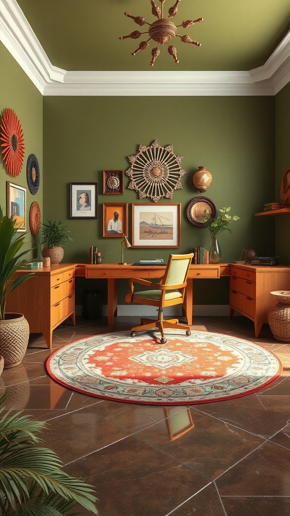 A cozy home office featuring natural wood furniture against olive green walls, decorated with boho elements.