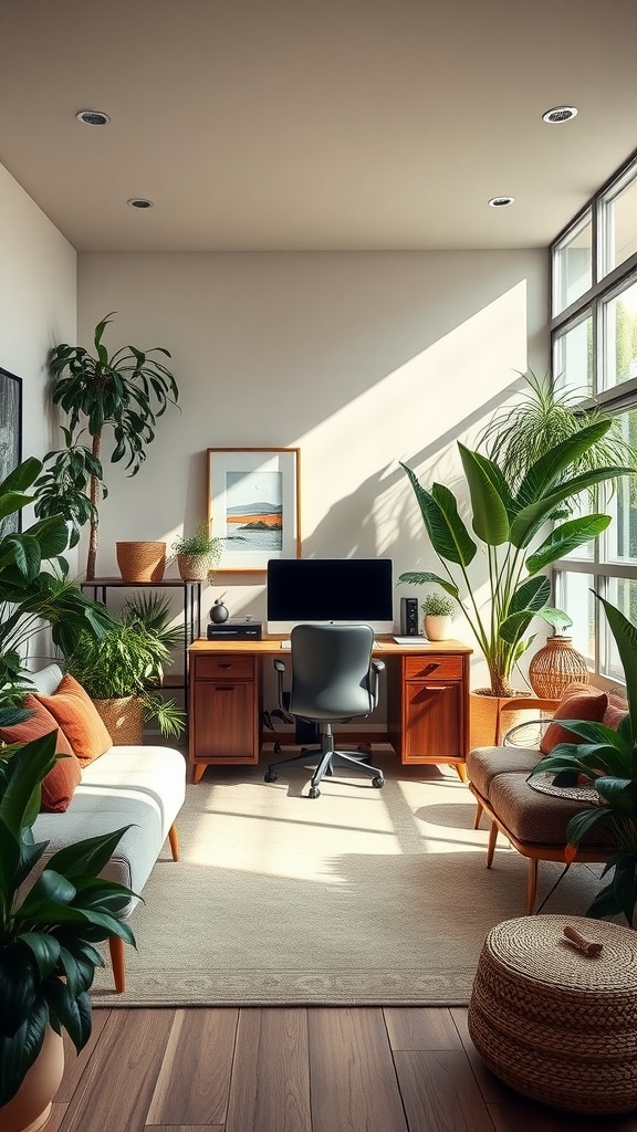 A modern home office design featuring a wooden desk, computer, and various indoor plants.