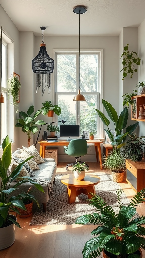 A nature-inspired living room featuring plants, a modern workspace, and neutral decor.