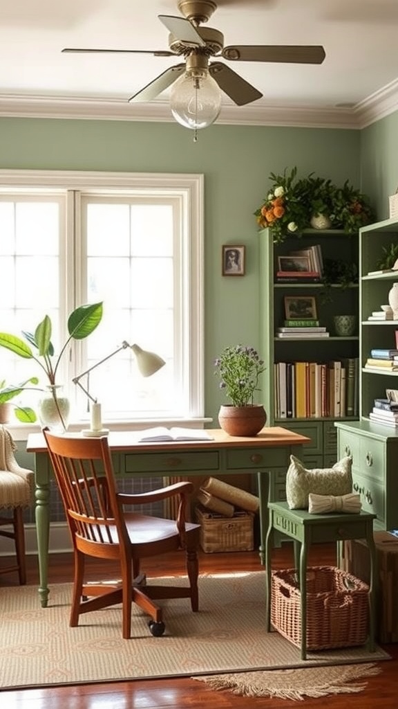 A cozy home office with nature-inspired color schemes featuring soft green walls, wooden furniture, and plants.