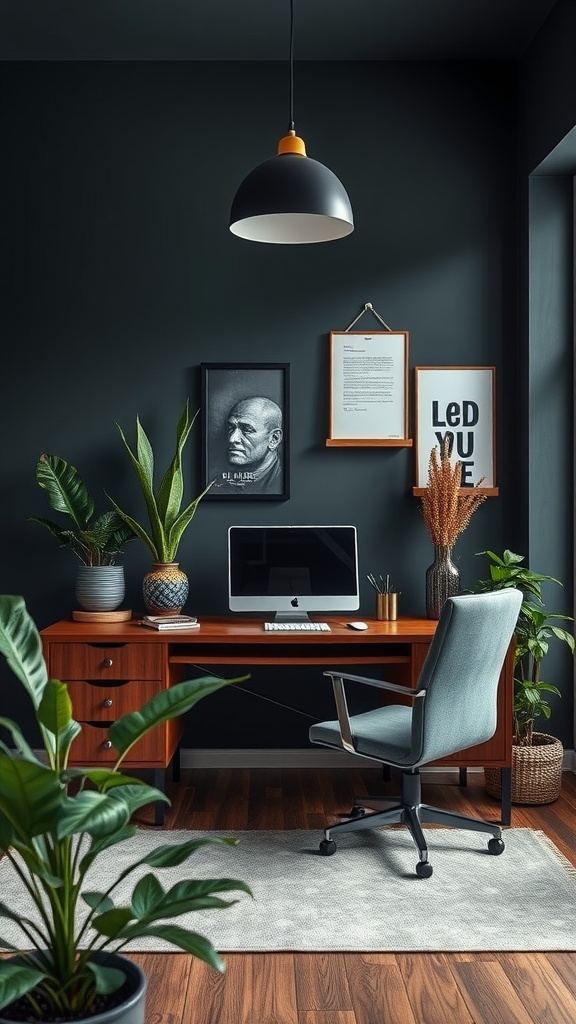 A modern masculine home office with dark walls, wooden desk, plants, and stylish decor.