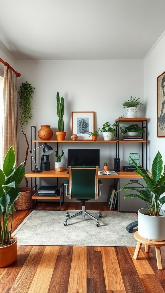 A modern male home office featuring plants, a wooden desk, and a stylish chair.