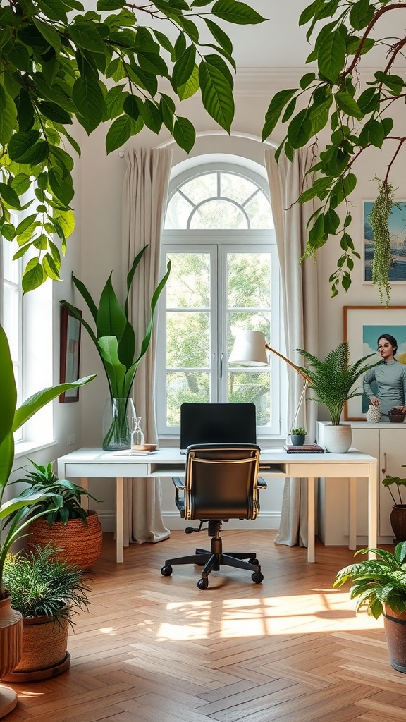 A bright home office with a white desk, black chair, and various indoor plants surrounding the space.