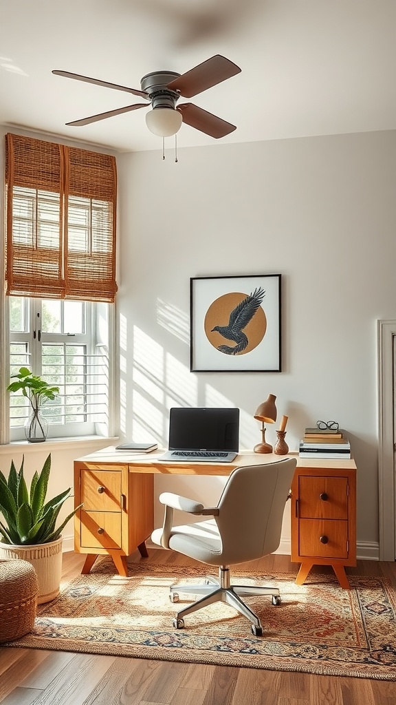 A cozy home office with a white desk, potted plants, and a modern chair, designed with nature-inspired elements.