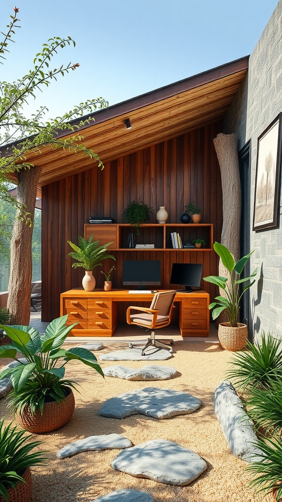 A nature-inspired home office featuring warm wooden tones, large plants, and a stone pathway.