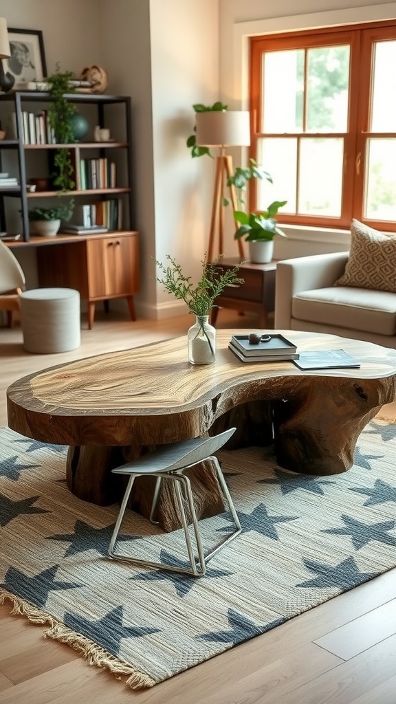 A nature-inspired live edge coffee table in a cozy living room setting with plants and modern decor.