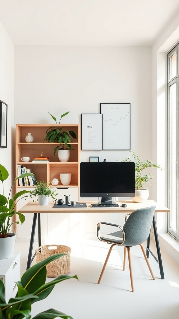 A bright and airy nature-inspired office filled with green plants and minimalist furniture.