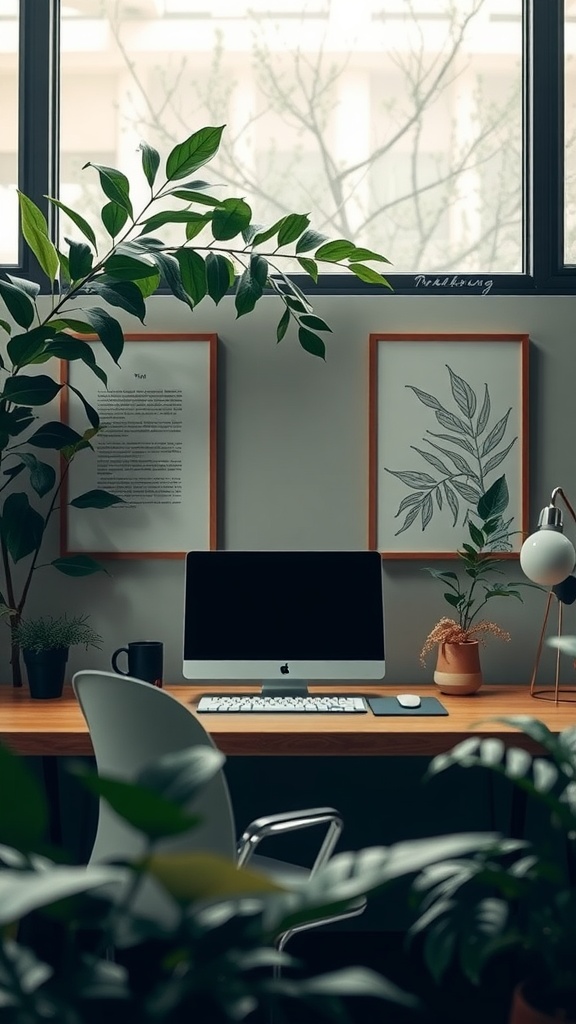 A stylish home office with a desk, computer, and nature-inspired artwork framed on the wall, surrounded by plants.