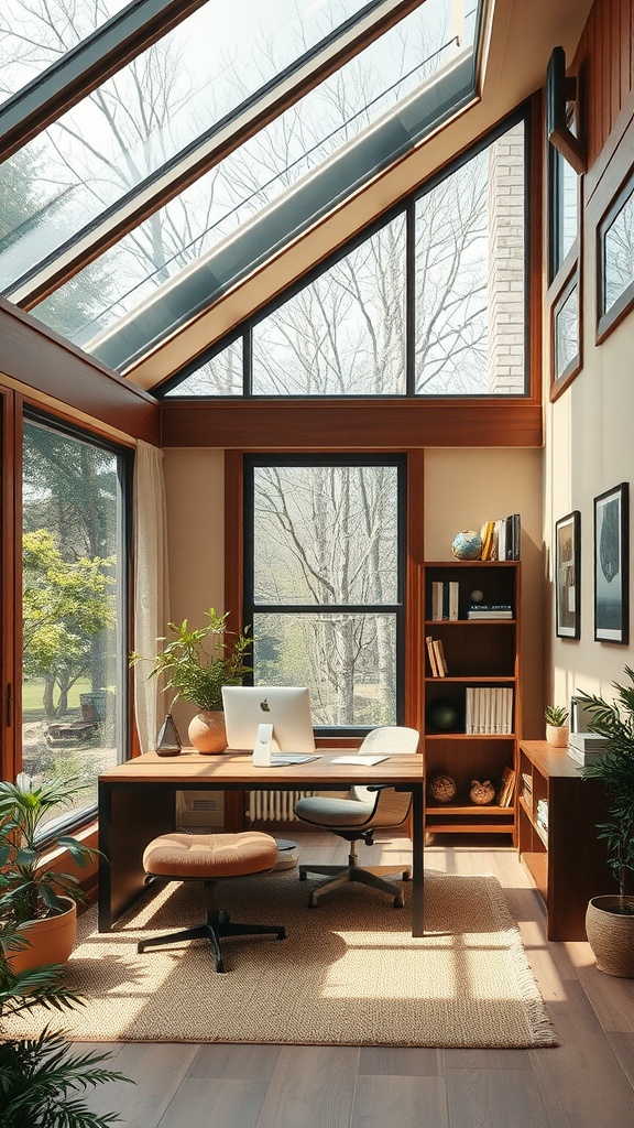 A bright, nature-inspired sunroom office with large windows, wooden furniture, and plants, creating a warm and inviting workspace.