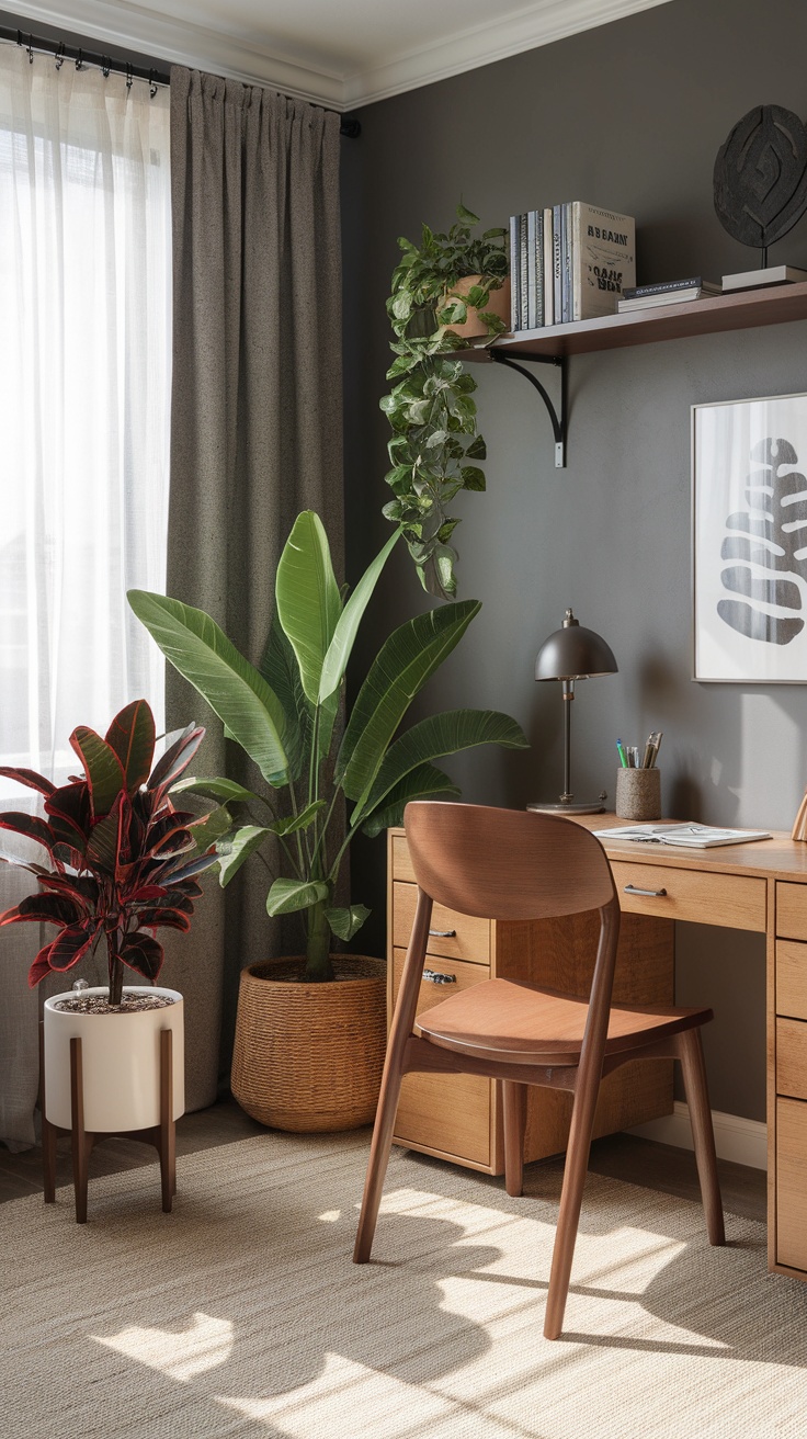 A cozy nature-inspired home office with plants, wooden furniture, and natural light.