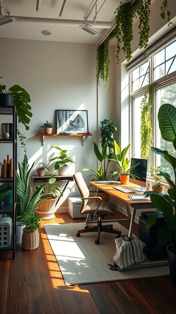 A nature-inspired workspace featuring plants, a wooden desk, and natural light.