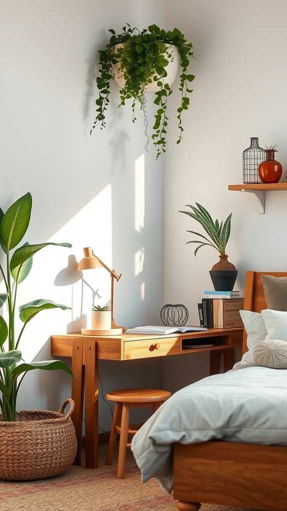 A cozy bedroom workspace featuring a wooden desk, hanging plants, and a warm aesthetic