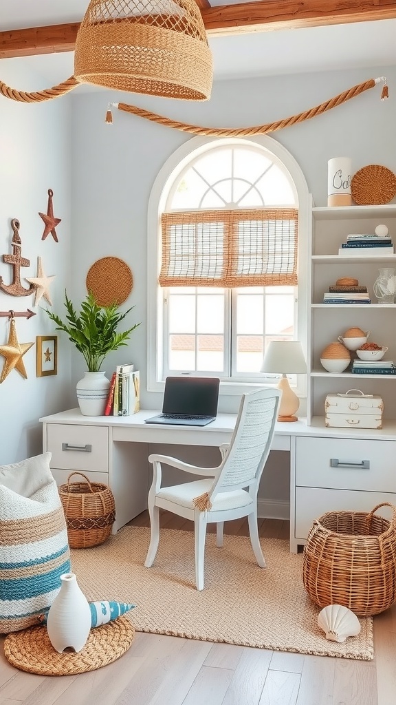 A cozy nautical-inspired bedroom featuring blue bedding, rope decor, and a star wall hanging.