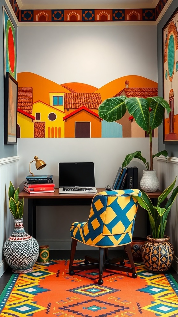 A stylish home office featuring Ndebele-inspired elements with colorful wall art and patterned decor.