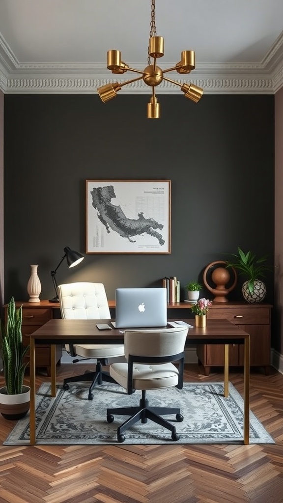 Modern home office with a dark wall, wooden desk, gold chandelier, and plants.