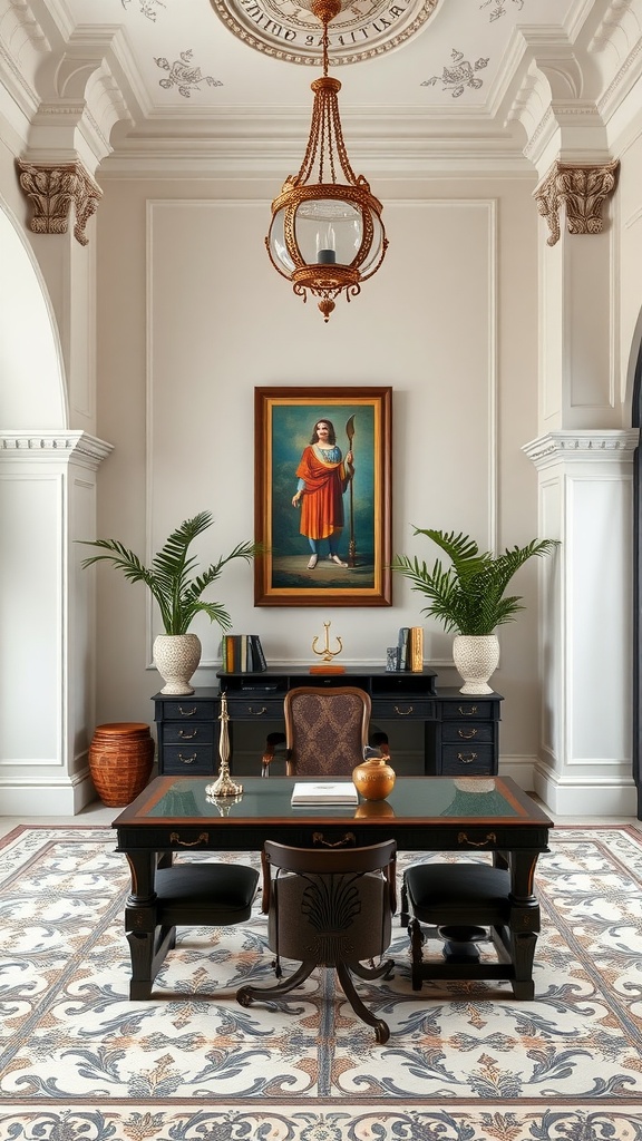 A sophisticated neoclassical home office featuring a wooden desk, ornate chandelier, and plants.