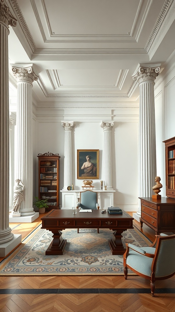 A luxurious home office featuring tall columns, a wooden desk, and classical sculptures, embodying neoclassical elegance.