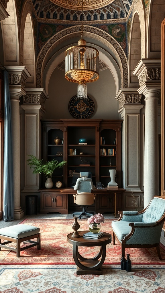 A beautifully designed home office featuring neoclassical Islamic architecture with high arches, intricate patterns, modern furniture, and a chandelier.