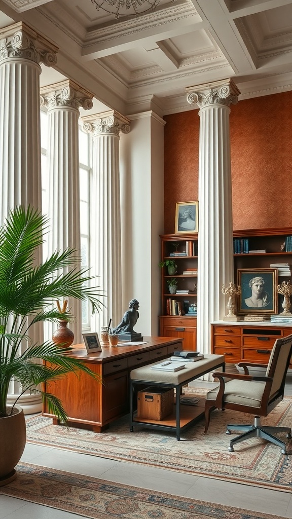 A neoclassical home office featuring tall columns, wooden furniture, and decorative busts.
