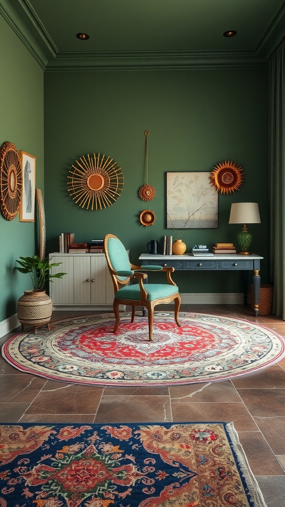 A cozy boho room with olive green walls, a wooden desk, and colorful rugs.