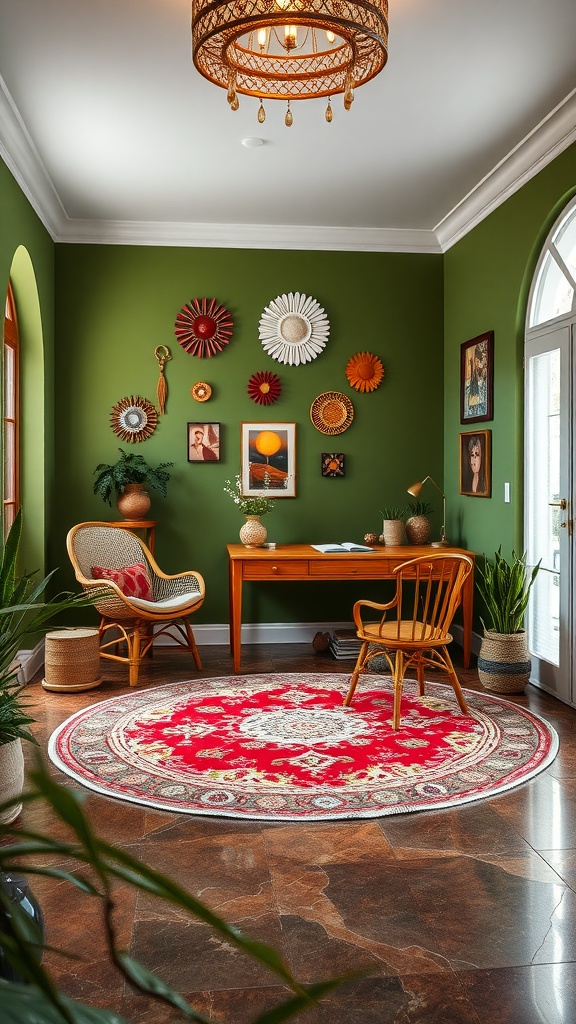 Cozy home office with olive green walls, rattan furniture, and vibrant red rug.