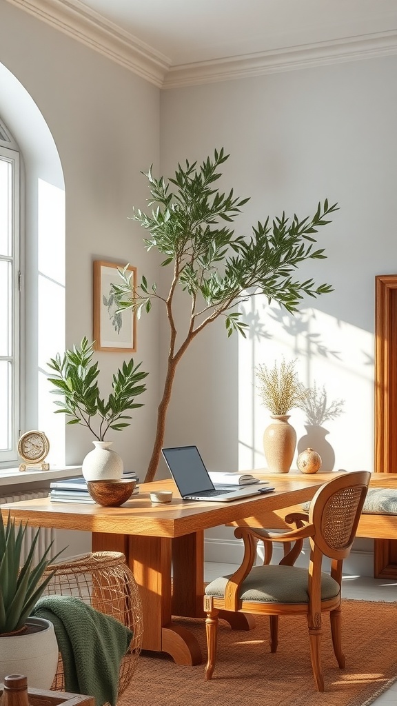 A sunlit home office featuring an olive tree, wooden desk, and decorative vases.