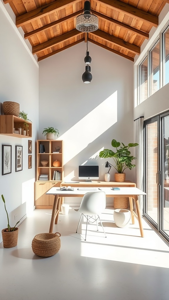 A modern open air office with large windows, minimalist furniture, and plants.