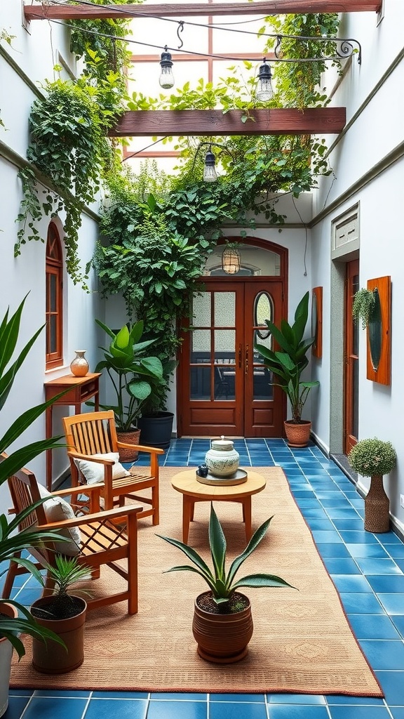 A bright open air courtyard with wooden furniture, lush plants, and blue tiled flooring.