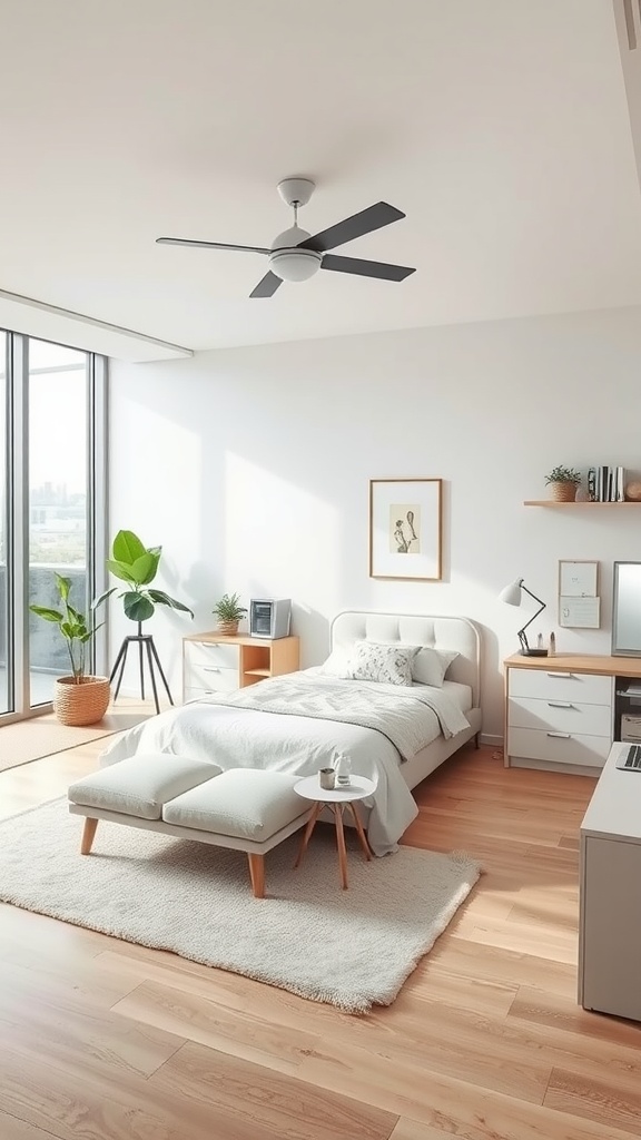 Modern bedroom with open layout featuring a cozy bed, desk, and plants, showcasing an office bedroom combo.