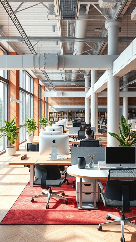 A spacious open plan office featuring large windows, modern desks, and plants for a welcoming atmosphere.