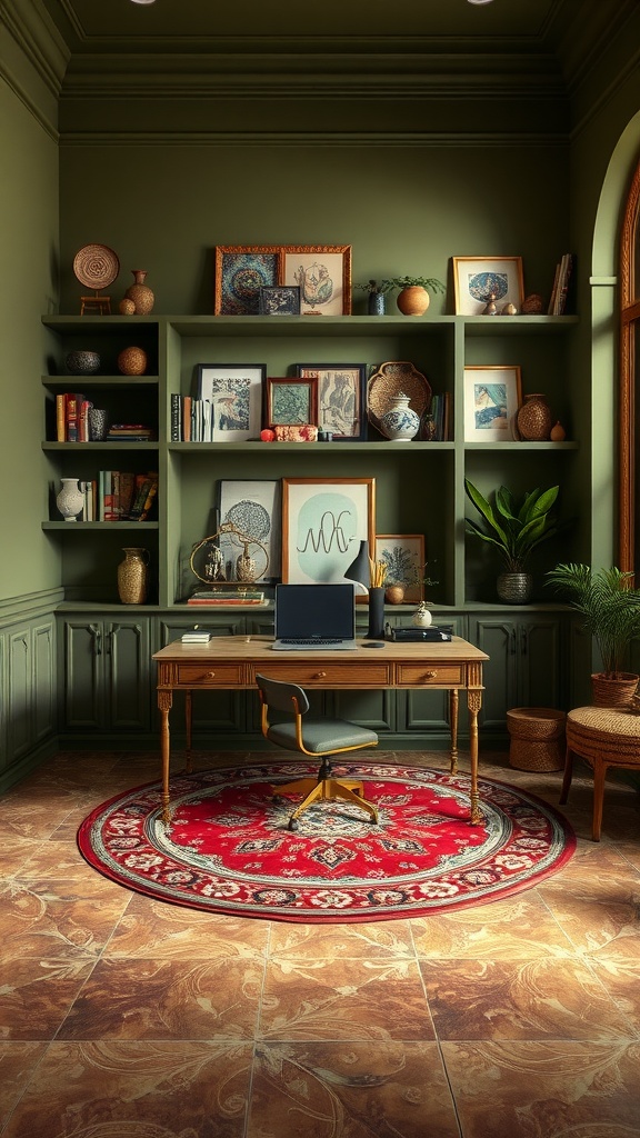 A cozy home office with open shelving in olive green color palette, showcasing decorative items and a stylish desk with a computer.