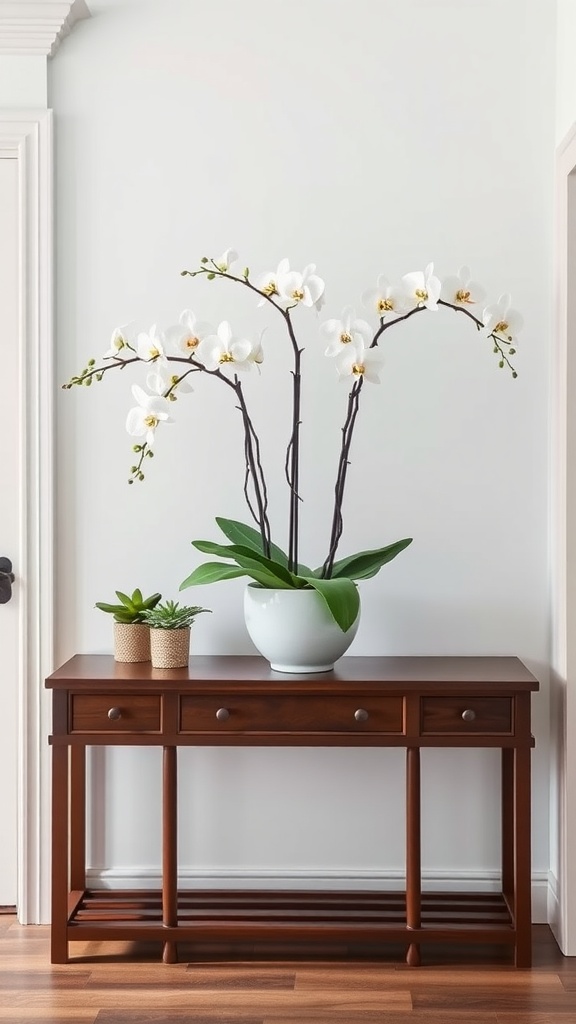 A console table with a large orchid plant and two smaller plants in woven pots, creating a cozy house decor.