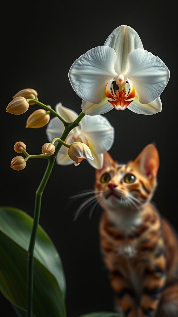 A white orchid with delicate petals and a curious cat in the background, showcasing the beauty and safety of orchids as pet-friendly house plants.