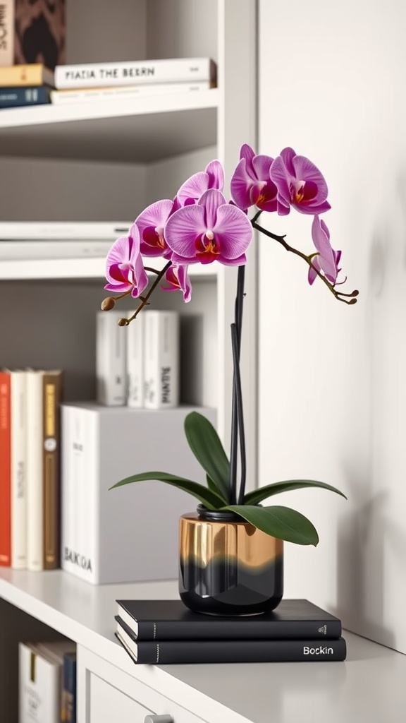 Vibrant pink orchids in a stylish pot on a shelf with books.