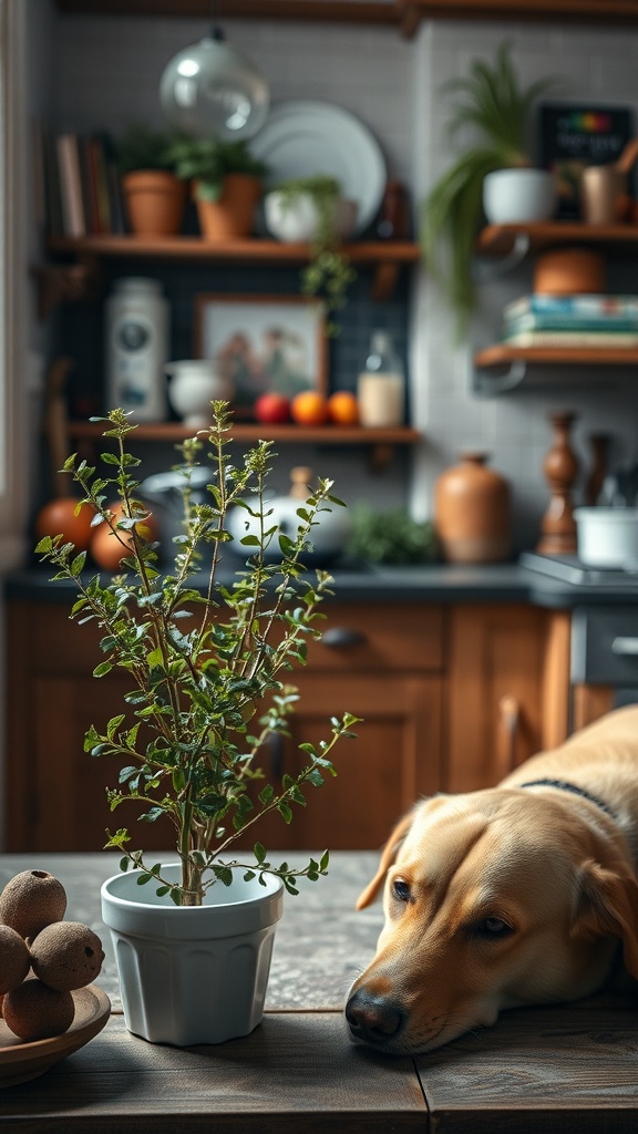 A healthy oregano plant on a kitchen counter with a dog resting nearby.