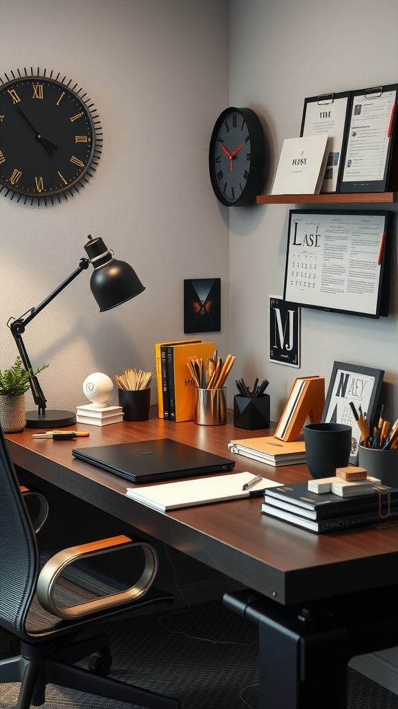 A modern home office desk with organized accessories, including a lamp, clock, and plants.