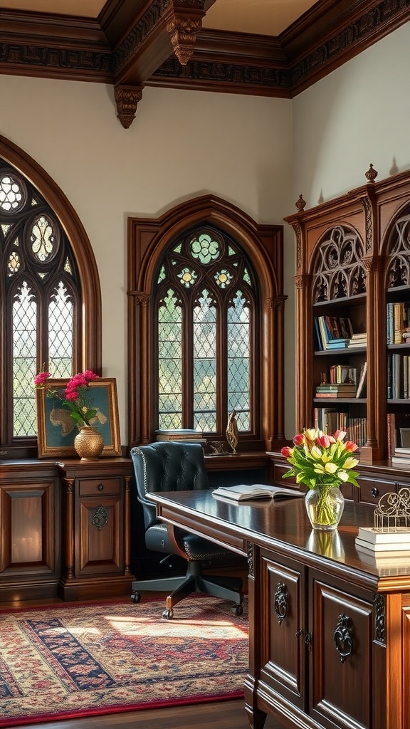 A gothic-style home office featuring ornate woodwork, a dark wood desk, and a classic chair, with arches and a gothic rose window.