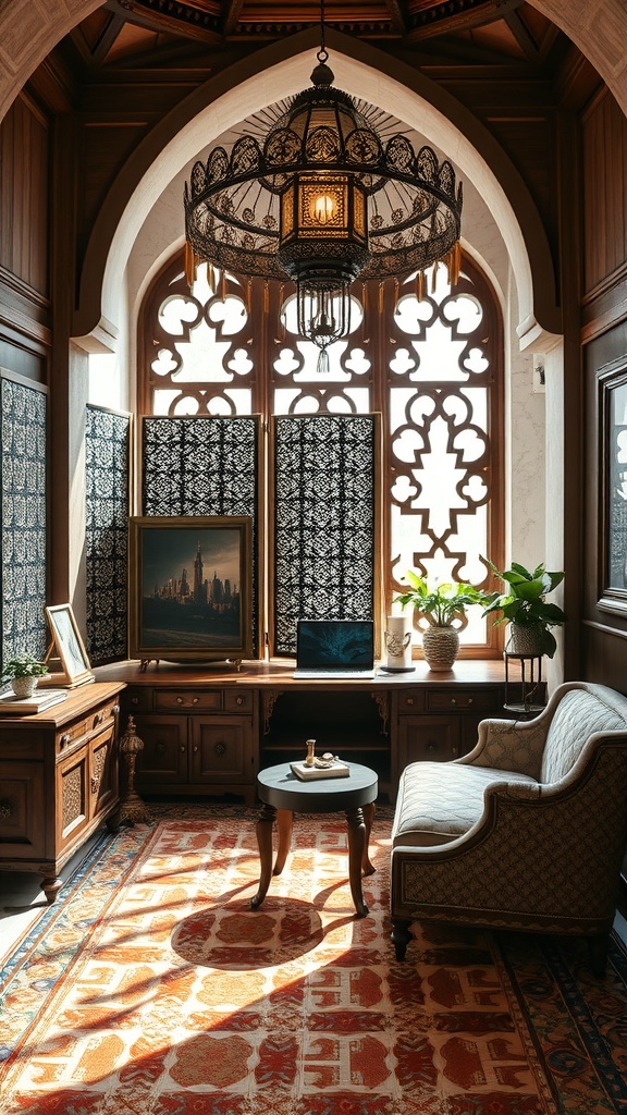 A beautifully designed home office with Ottoman architectural elements, featuring an ornate chandelier, patterned windows, and traditional wooden furniture.