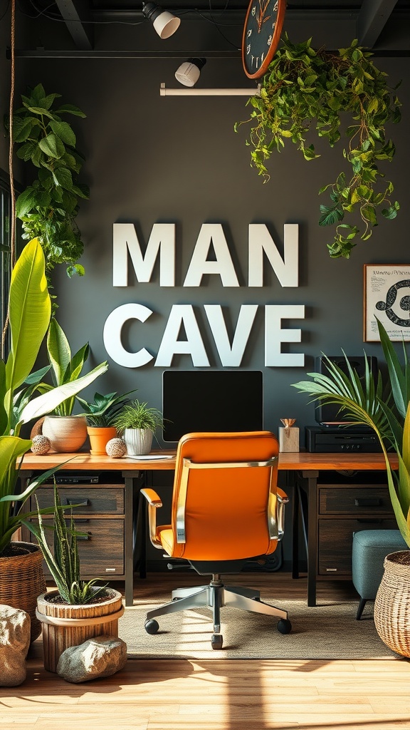 An indoor workspace with plants, a wooden desk, an orange chair, and the words 'MAN CAVE' on the wall.