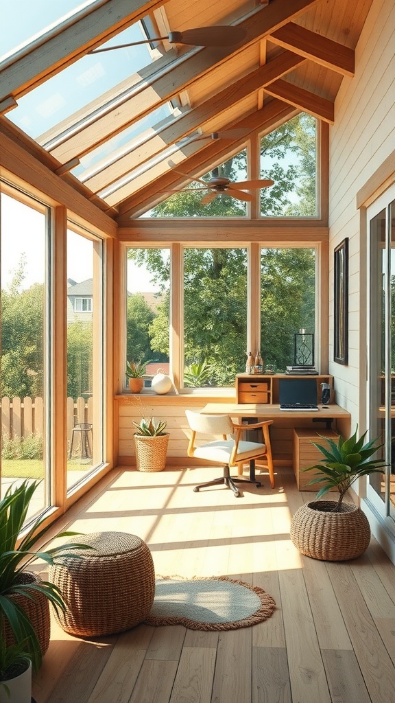 A bright and airy sunroom with wooden beams, large windows, and a cozy desk setup surrounded by plants.