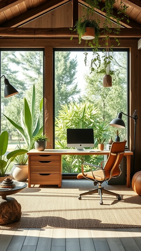 A modern home office with a wooden desk, chair, and large windows showcasing plants and natural light.