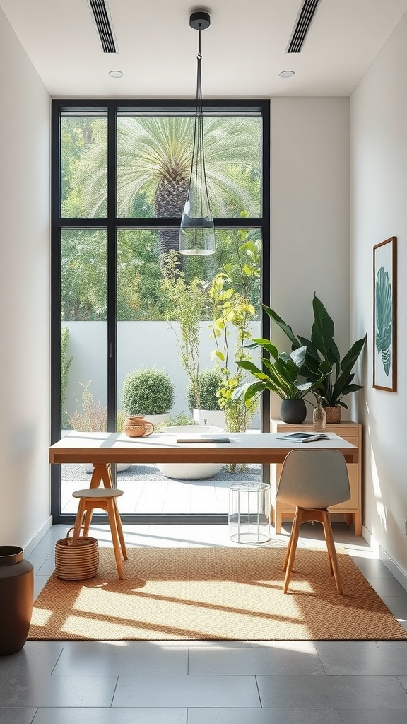 A stylish outdoor-inspired workspace with large windows, plants, and modern furniture.