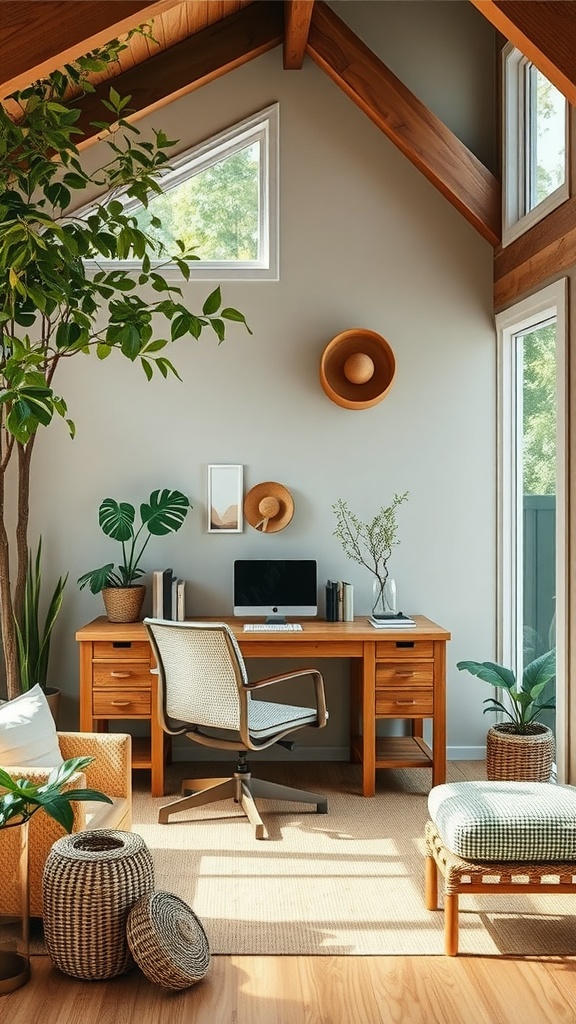 A bright and inviting home office with large windows, wood accents, and greenery, creating a nature-inspired workspace.