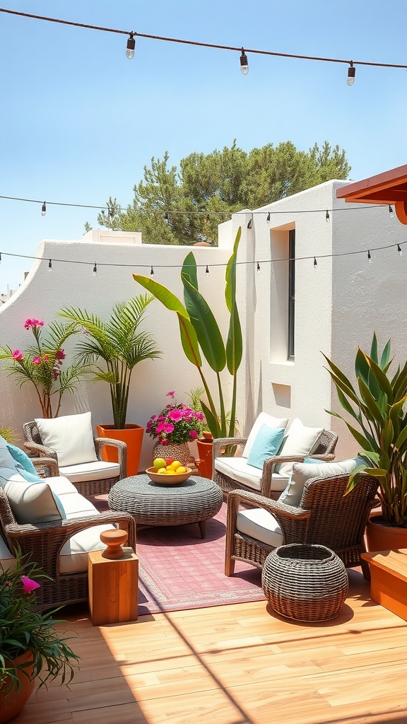 Cozy outdoor lounge area with comfortable seating, vibrant plants, and string lights.