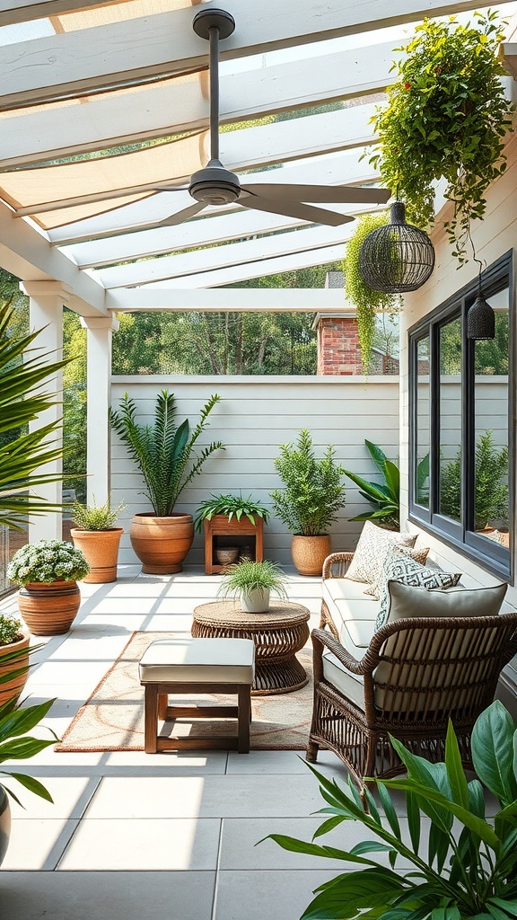 Cozy outdoor office patio with a couch, coffee table, and potted plants under a glass roof.