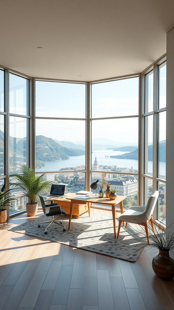 A modern home office with panoramic views of mountains and water, featuring large windows, a wooden desk, and plants.